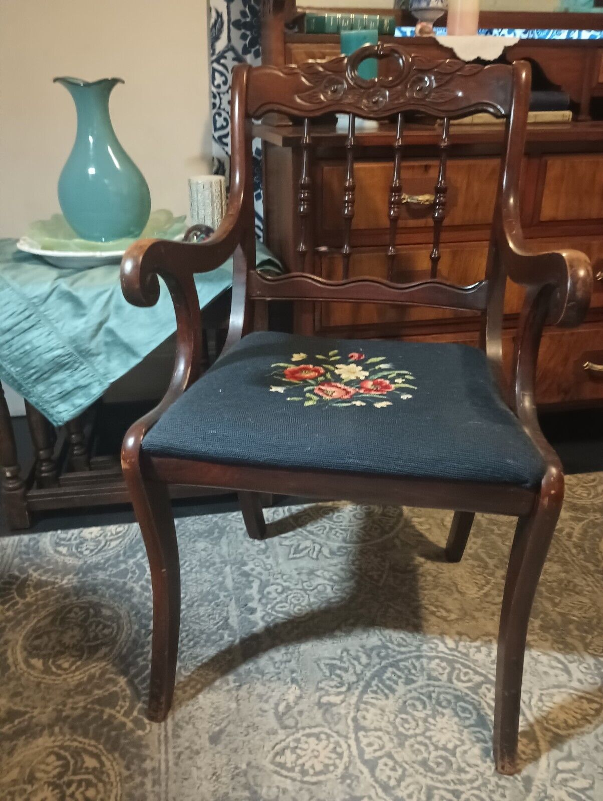 Antique Victorian Mahogany Dining Chair with Needlepoint Roseback
