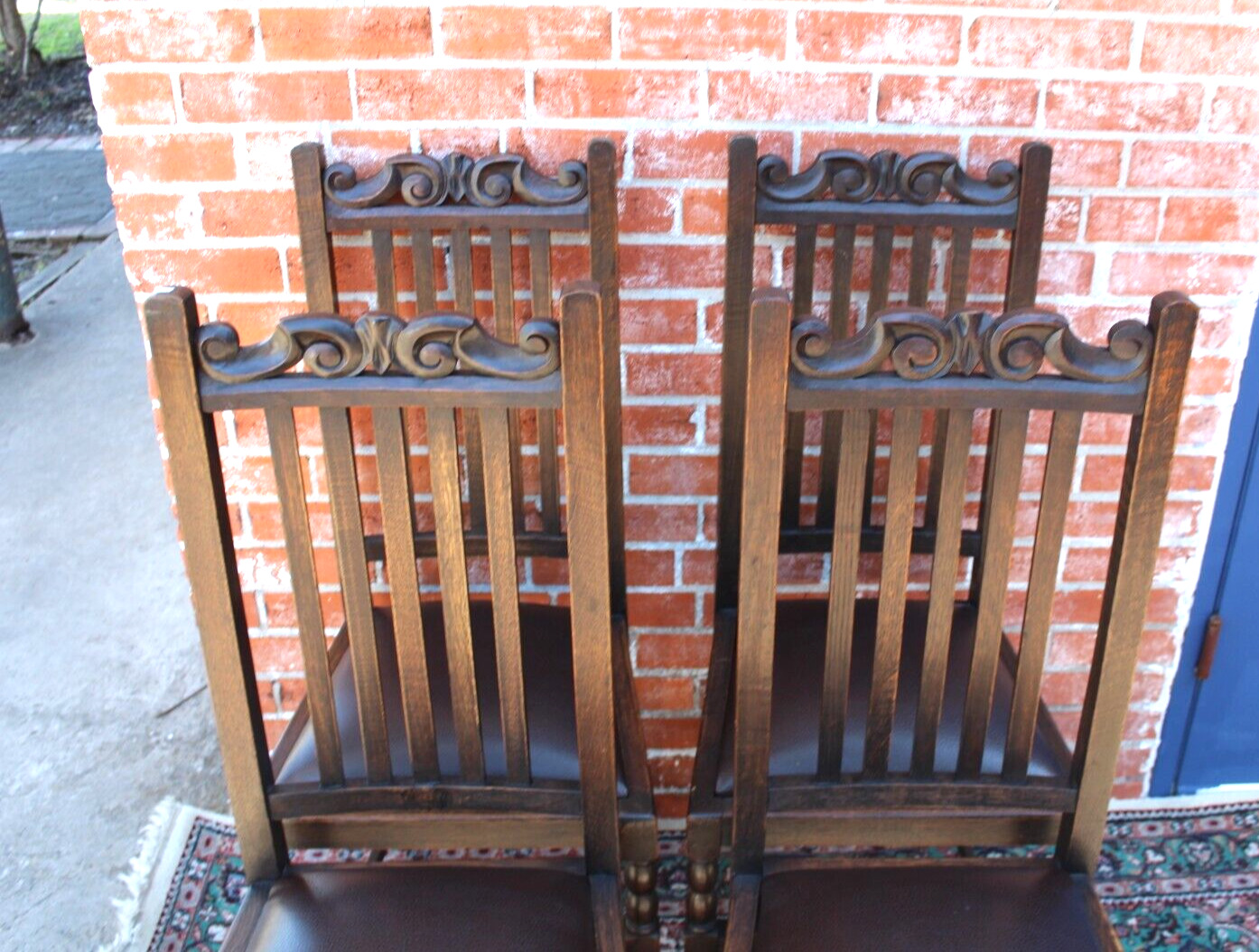 4 English Oak Antique Chairs with Vinyl Upholstery