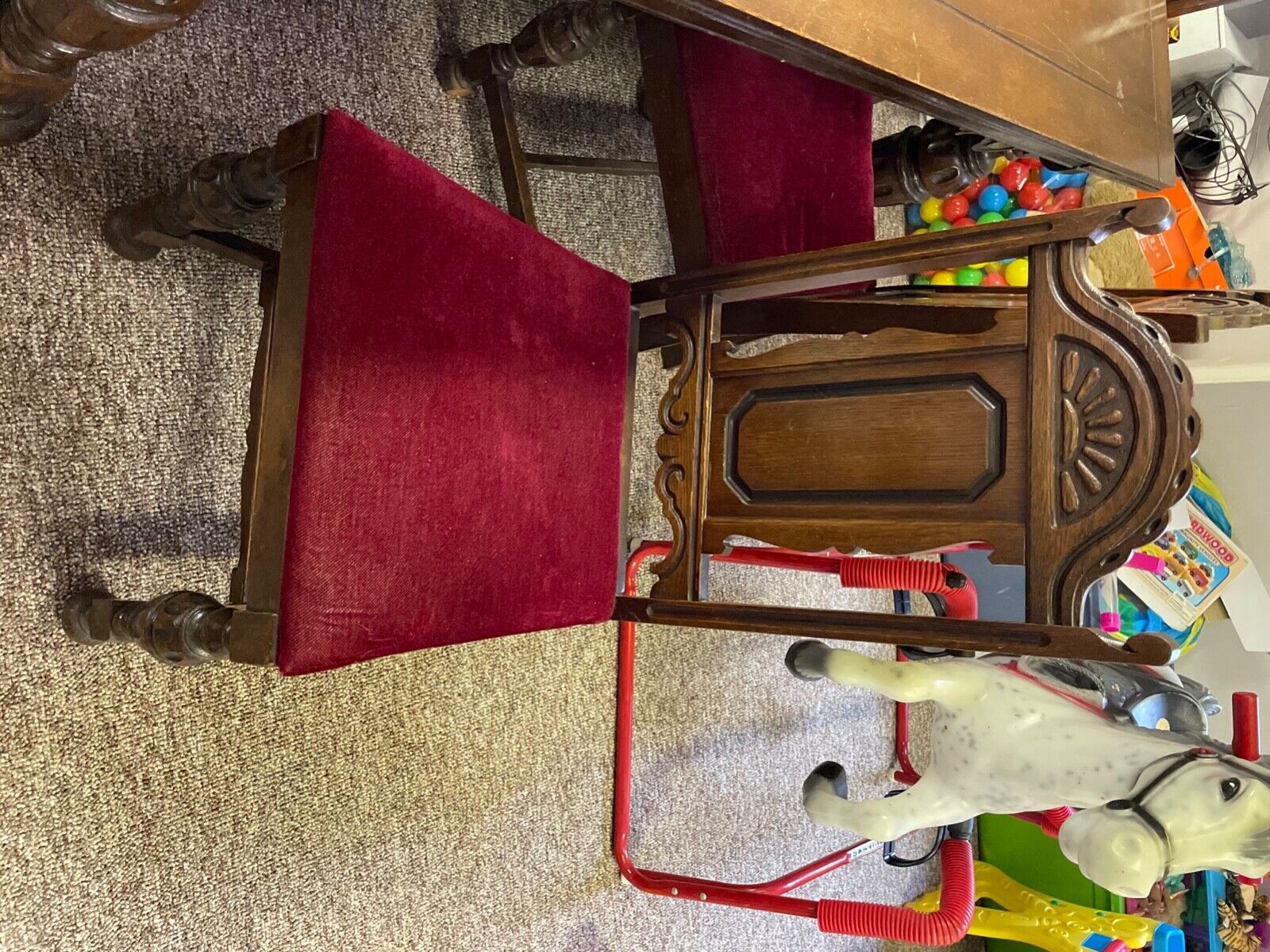 Oak Tudor Chairs with Burgandy Cushions