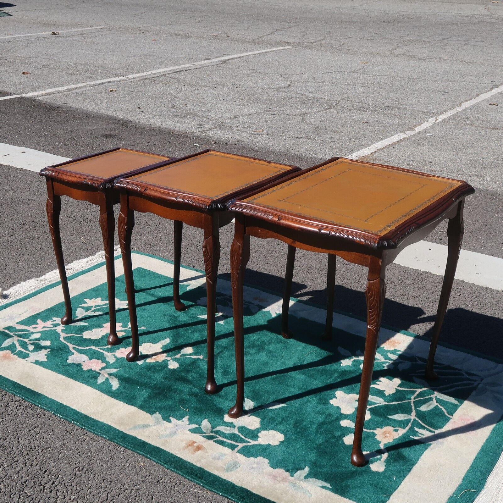 English Victorian Style Nesting Tables with Leather Top