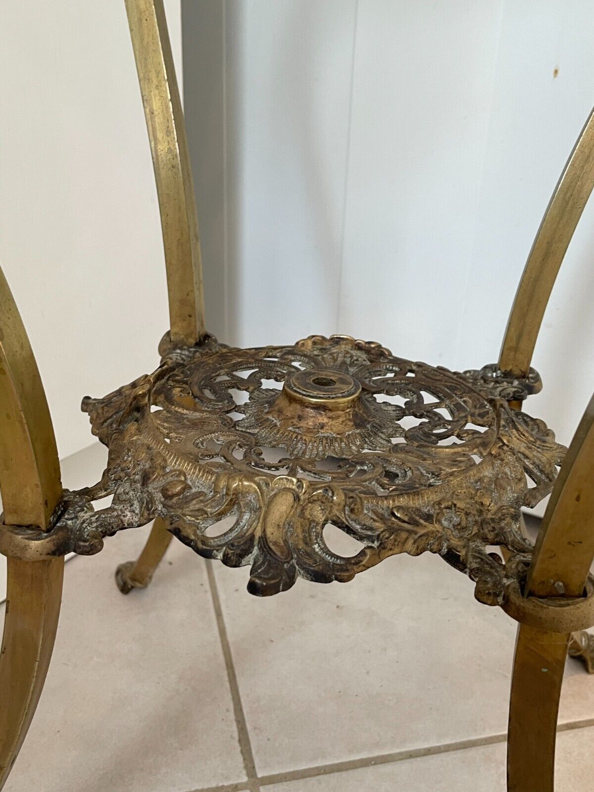 Victorian Brass Ornate Plant Stand Table with Glass Top