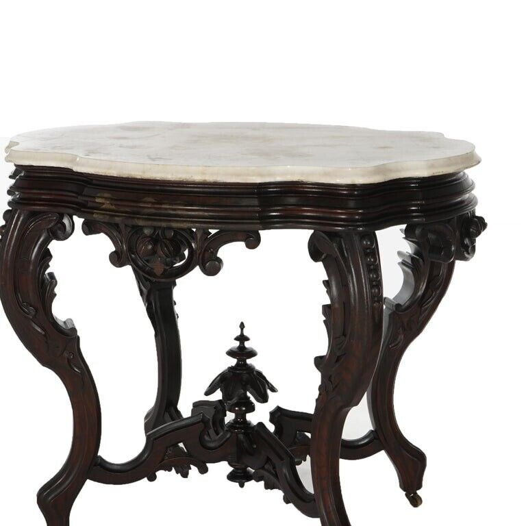 Victorian Carved Walnut Marble Turtle Top Table circa 1870