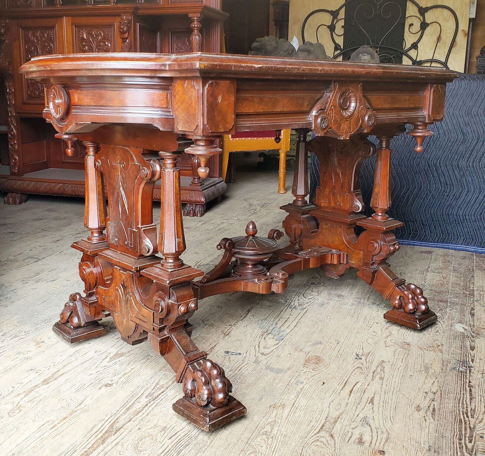 Antique Victorian Renaissance Walnut Brooks Library Table