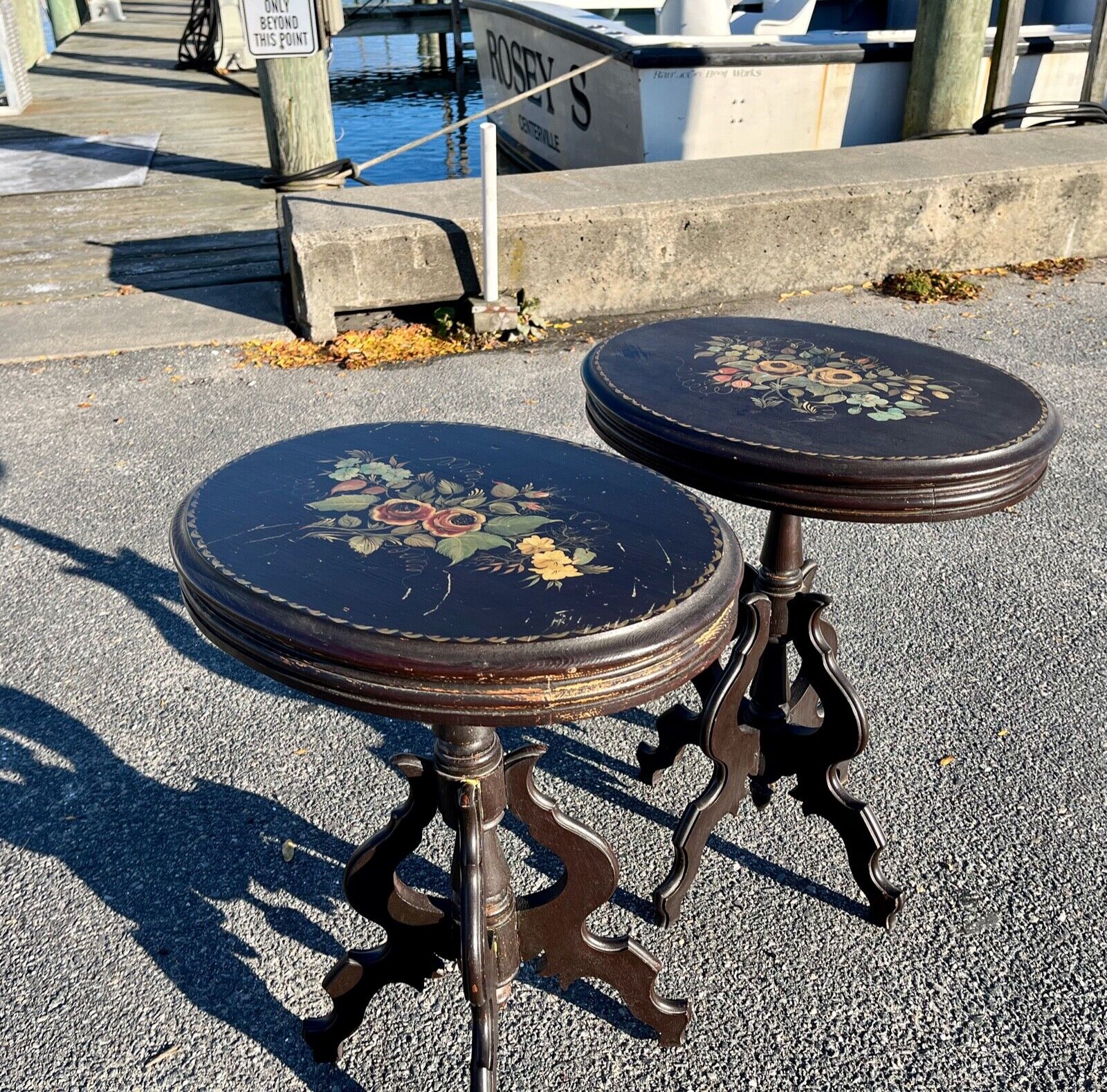 Victorian Hand-Painted Floral Top Side Tables, 1860