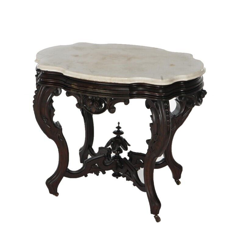 Victorian Carved Walnut Marble Turtle Top Table circa 1870