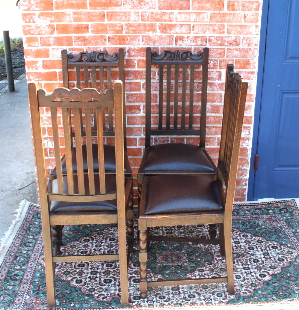4 English Oak Antique Chairs with Vinyl Upholstery
