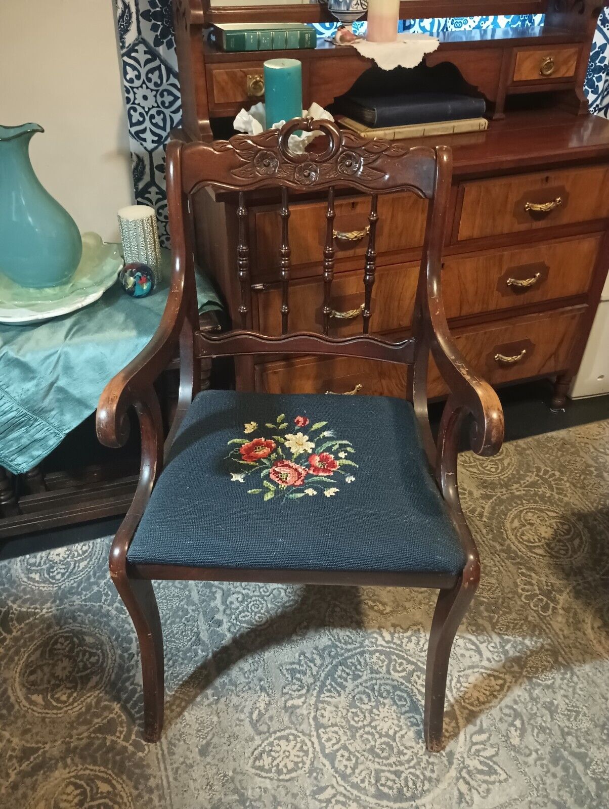 Antique Victorian Mahogany Dining Chair with Needlepoint Roseback