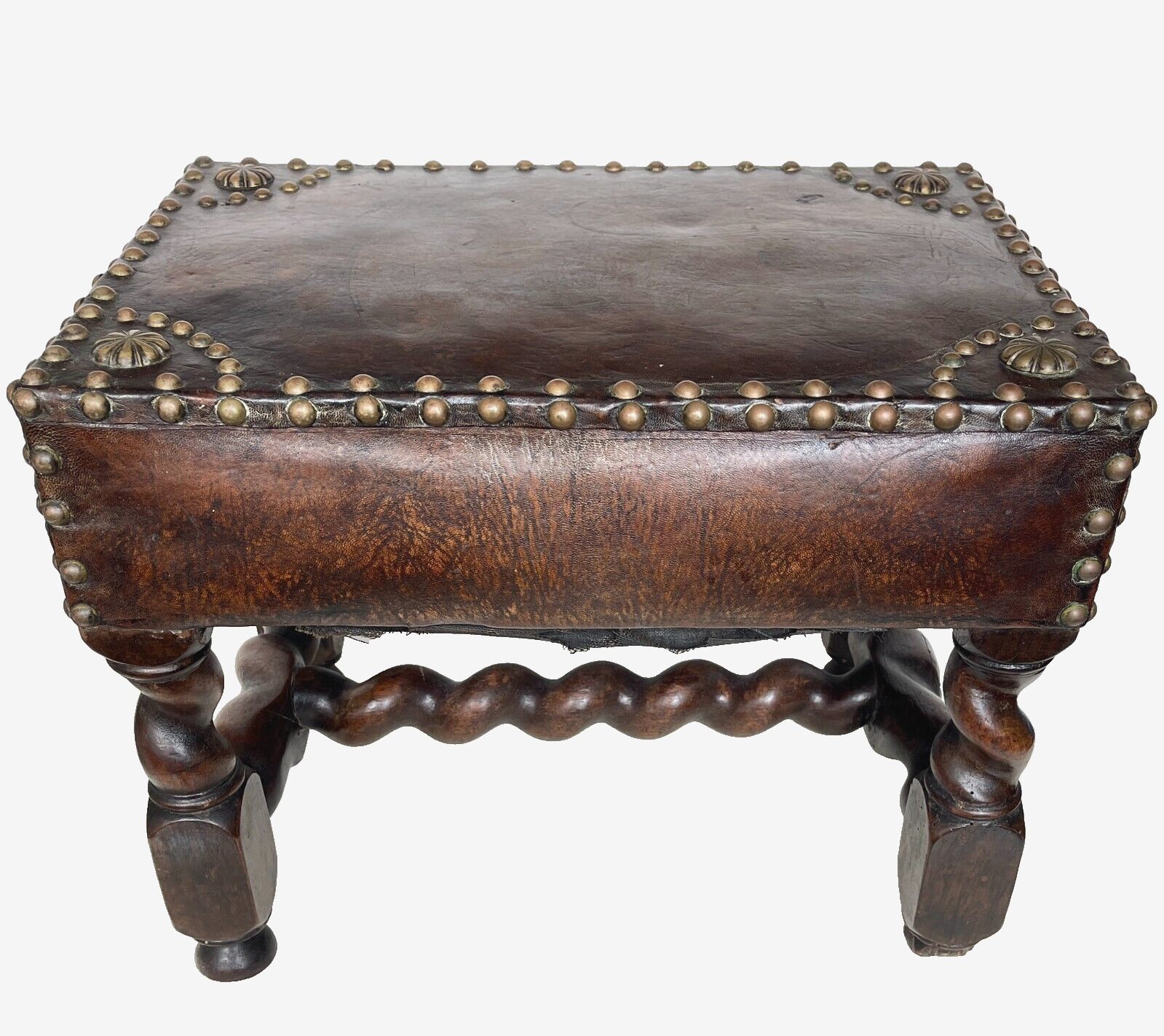 Edwardian Leather & Oak Footstool from 1900-1910