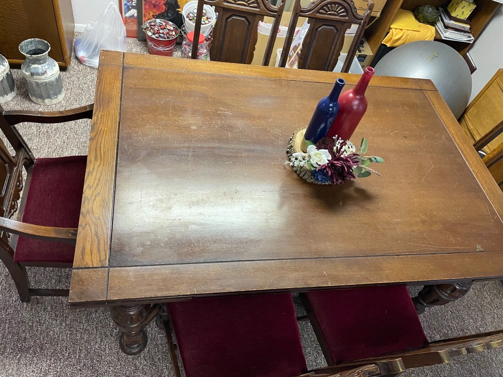 Oak Tudor Chairs with Burgandy Cushions