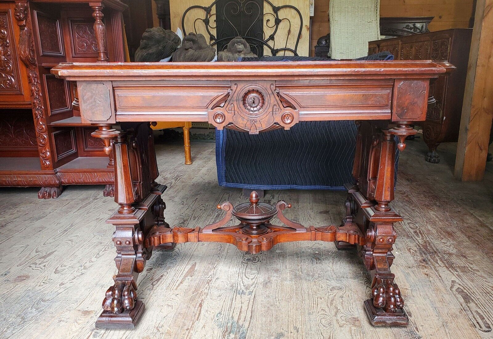 Antique Victorian Renaissance Walnut Brooks Library Table