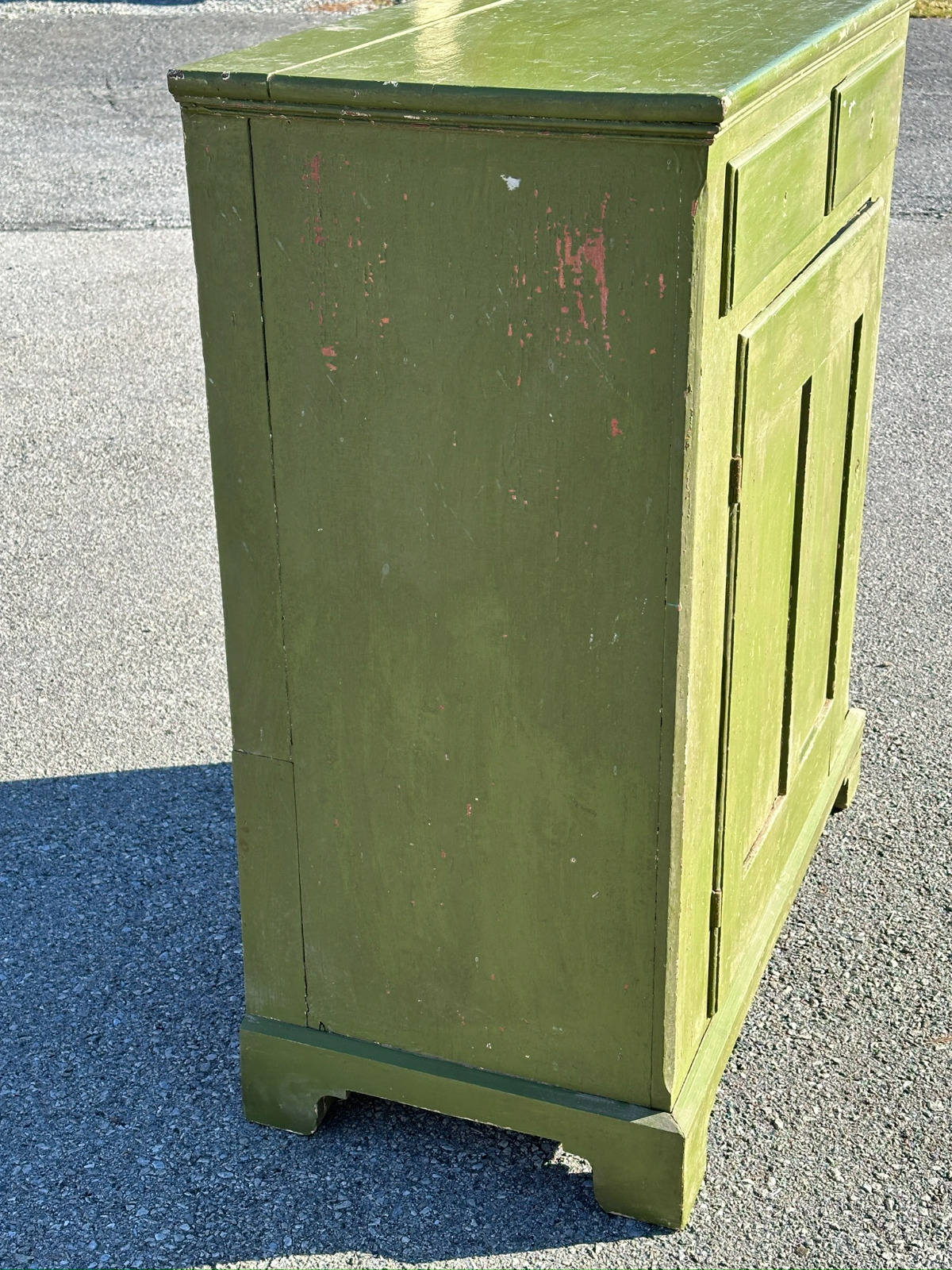 Antique Green Painted 1-Door Primitive Milk Cupboard