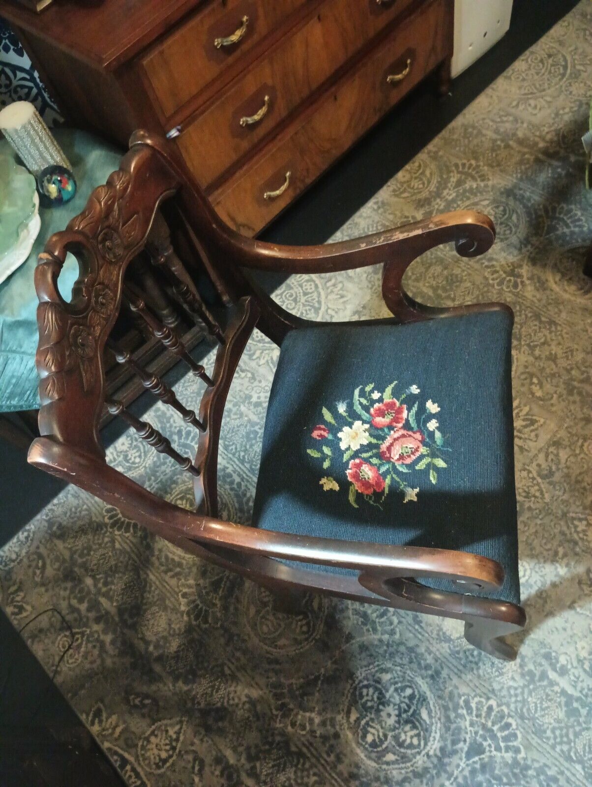 Antique Victorian Mahogany Dining Chair with Needlepoint Roseback