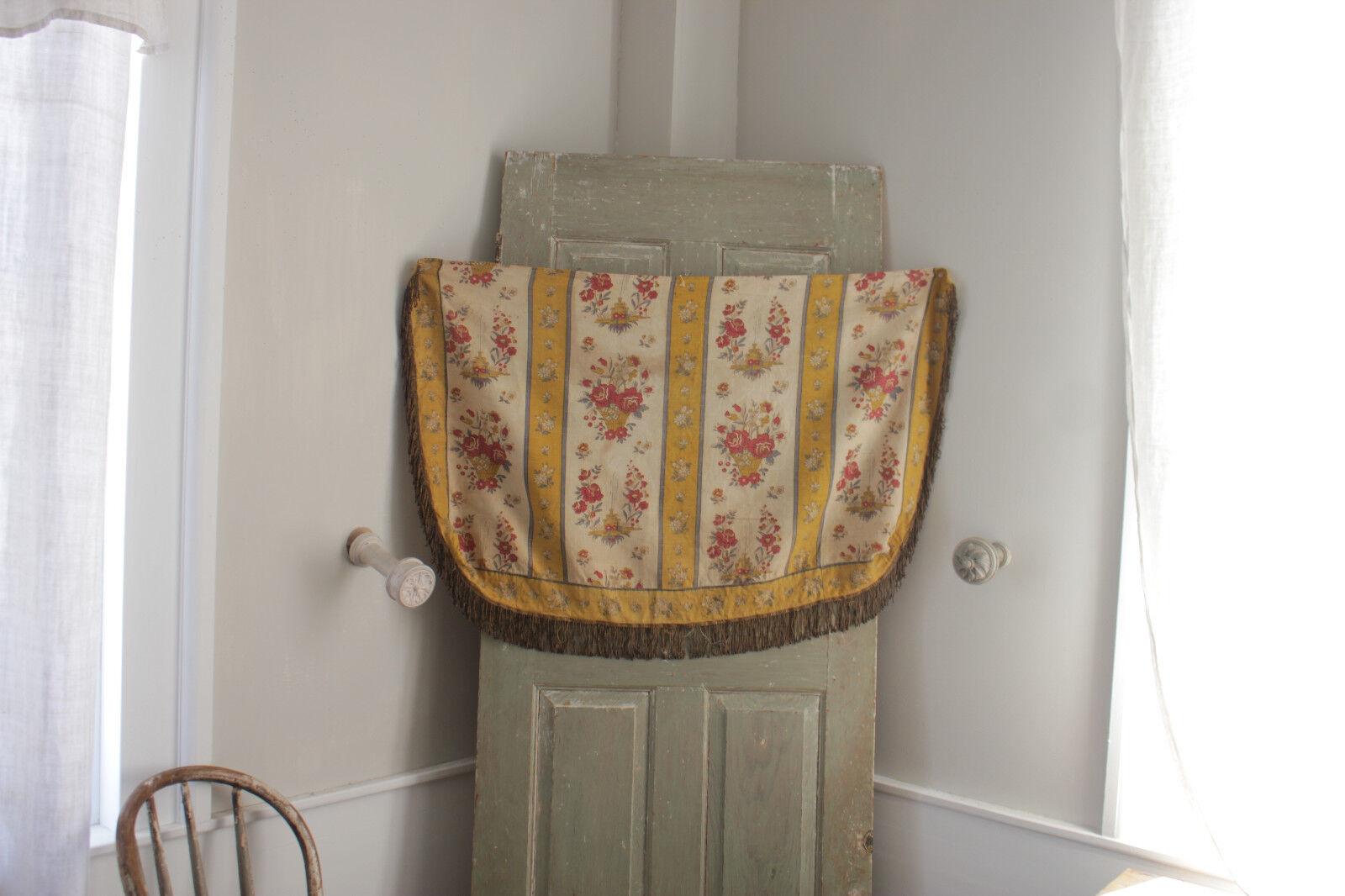 French floral linen basket with metallic fringe trim