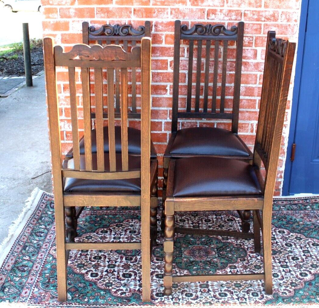 4 English Oak Antique Chairs with Vinyl Upholstery