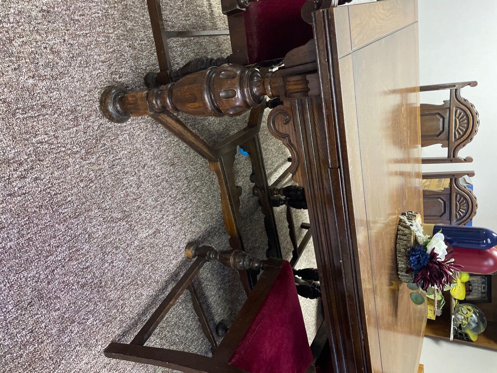 Oak Tudor Chairs with Burgandy Cushions