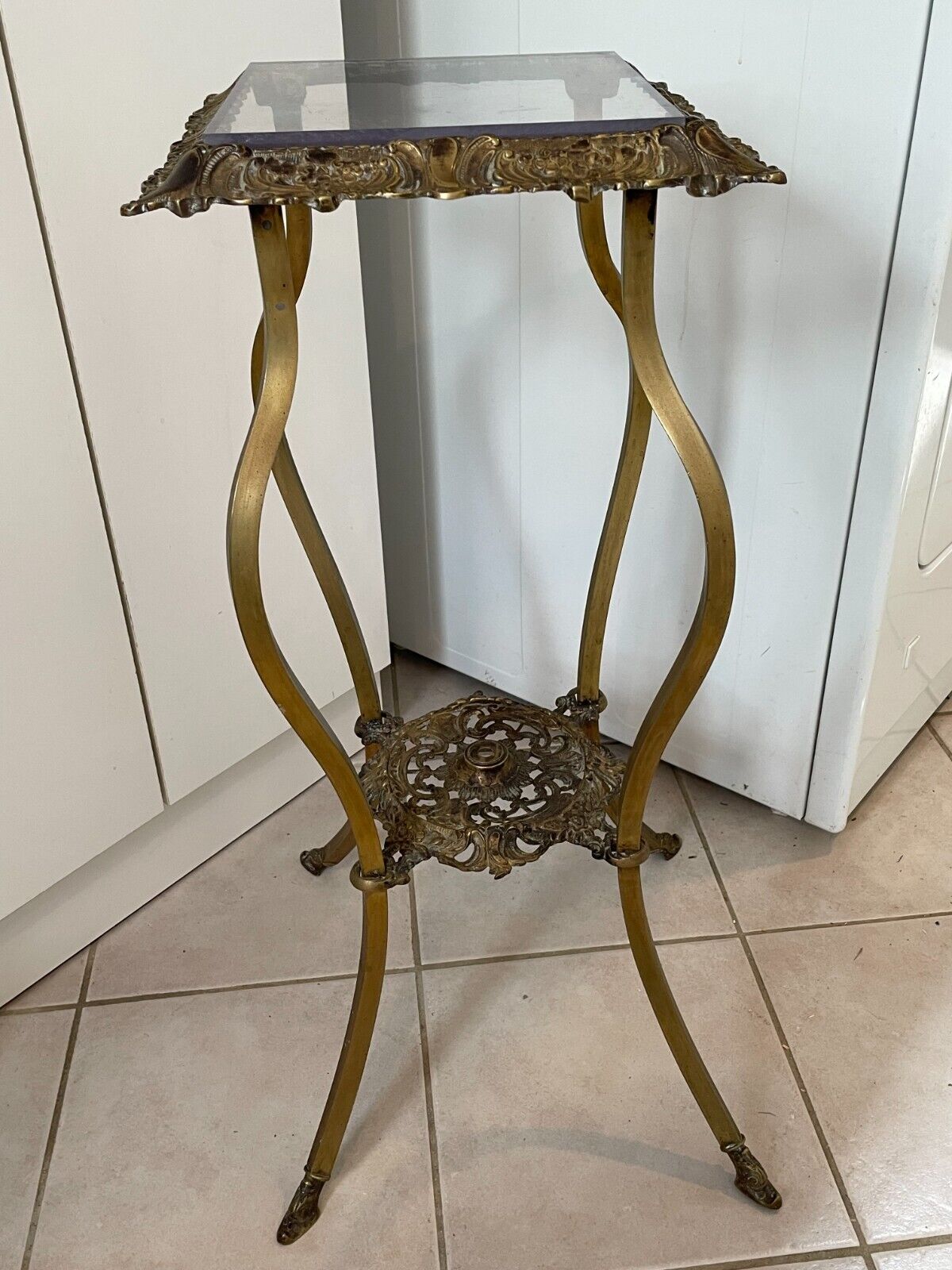 Victorian Brass Ornate Plant Stand Table with Glass Top