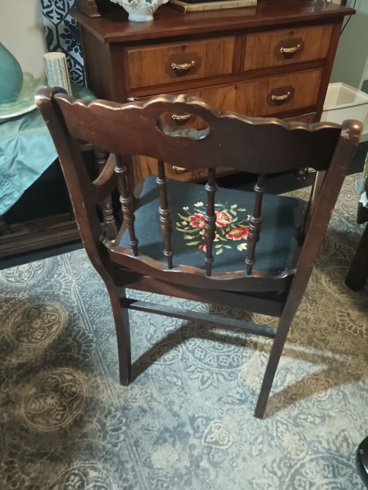 Antique Victorian Mahogany Dining Chair with Needlepoint Roseback