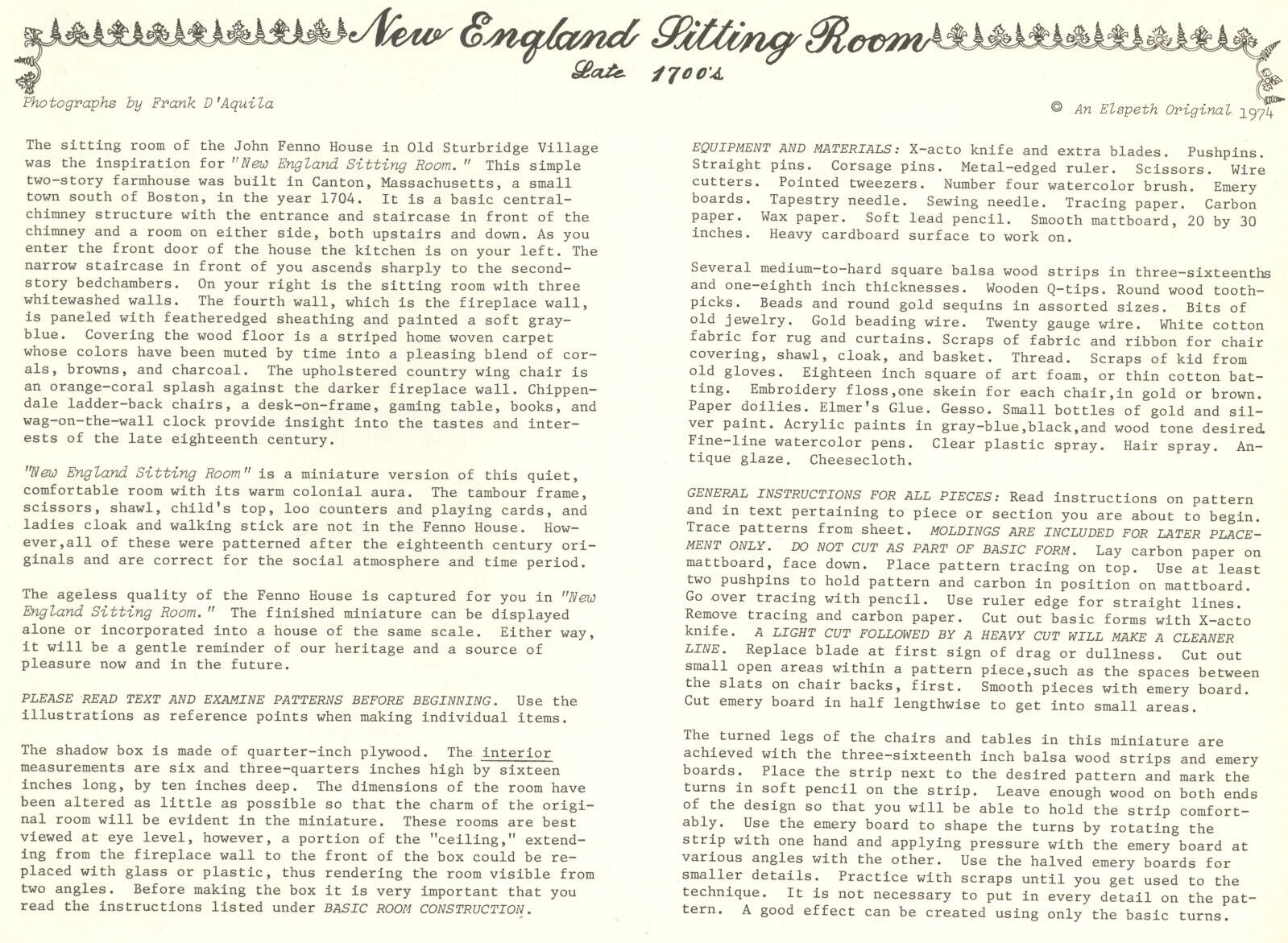RARE 1700s New England DOLLHOUSE Miniature Patterns by Elspeth