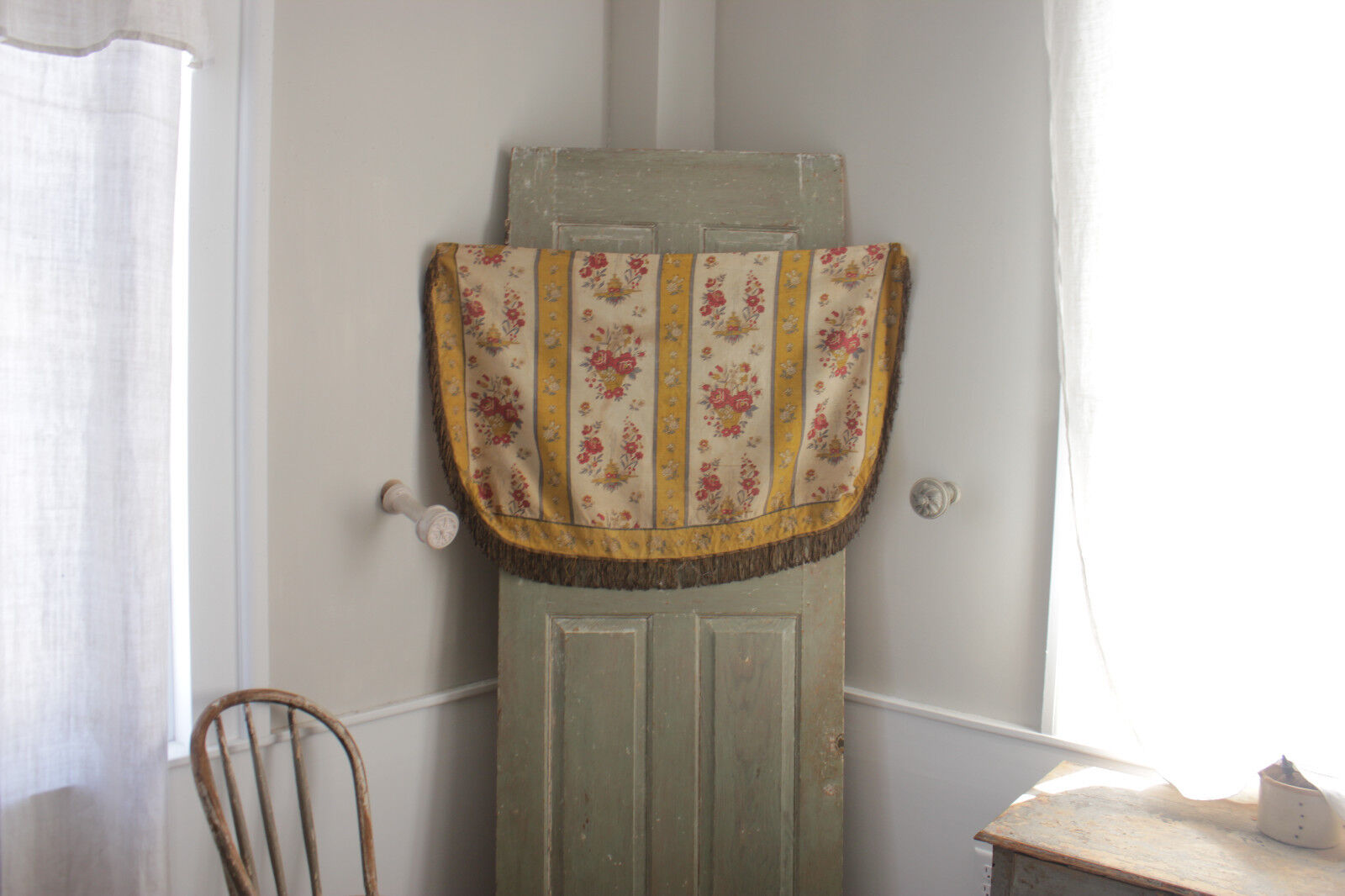 French floral linen basket with metallic fringe trim