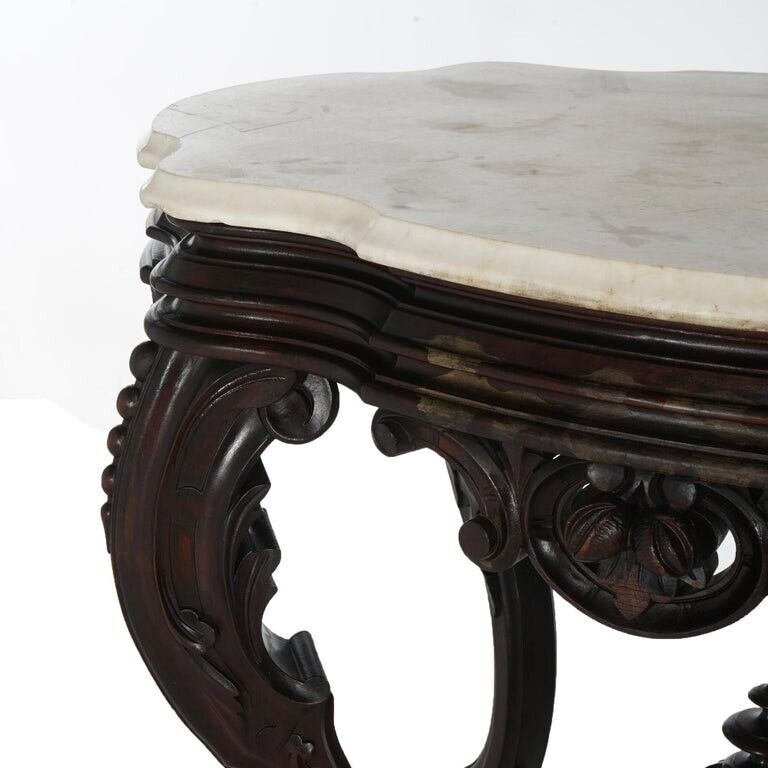 Victorian Carved Walnut Marble Turtle Top Table circa 1870