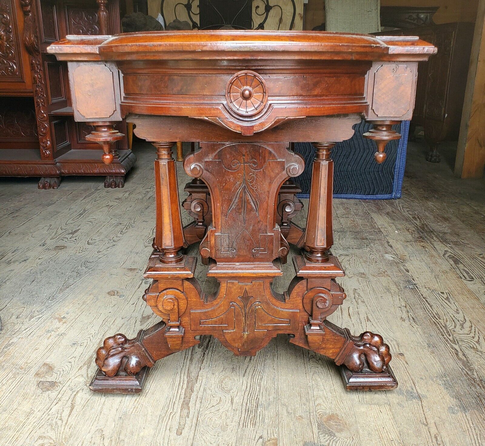 Antique Victorian Renaissance Walnut Brooks Library Table