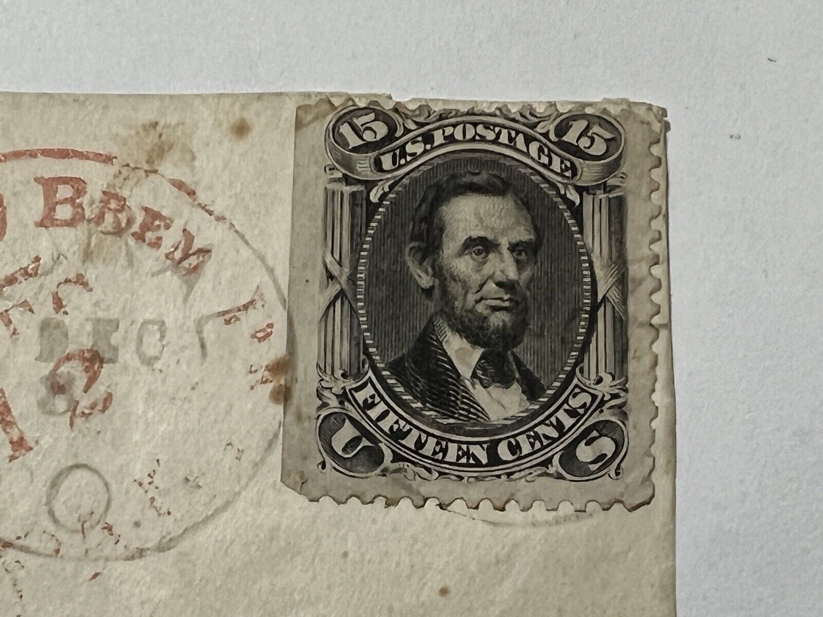 1800s US 15c Lincoln Stamp with Red Cancel