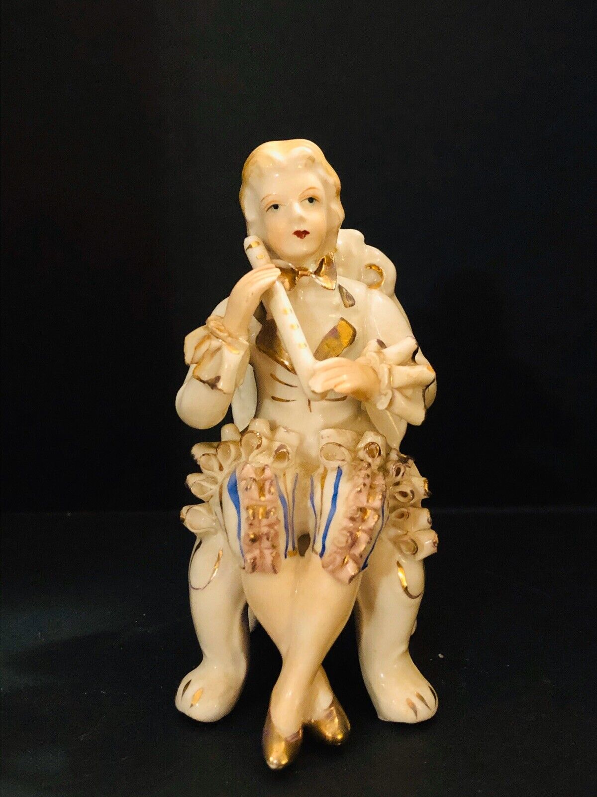 Gilded Ceramic 1700's Boy Playing Flute Figurine