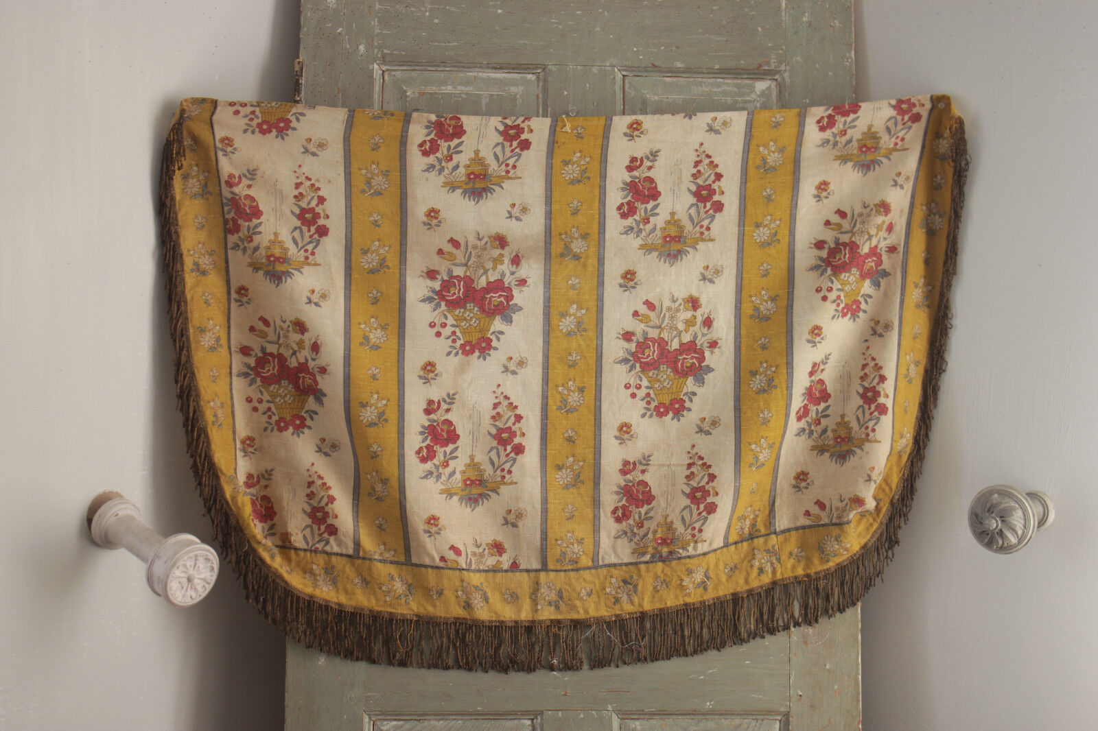 French floral linen basket with metallic fringe trim