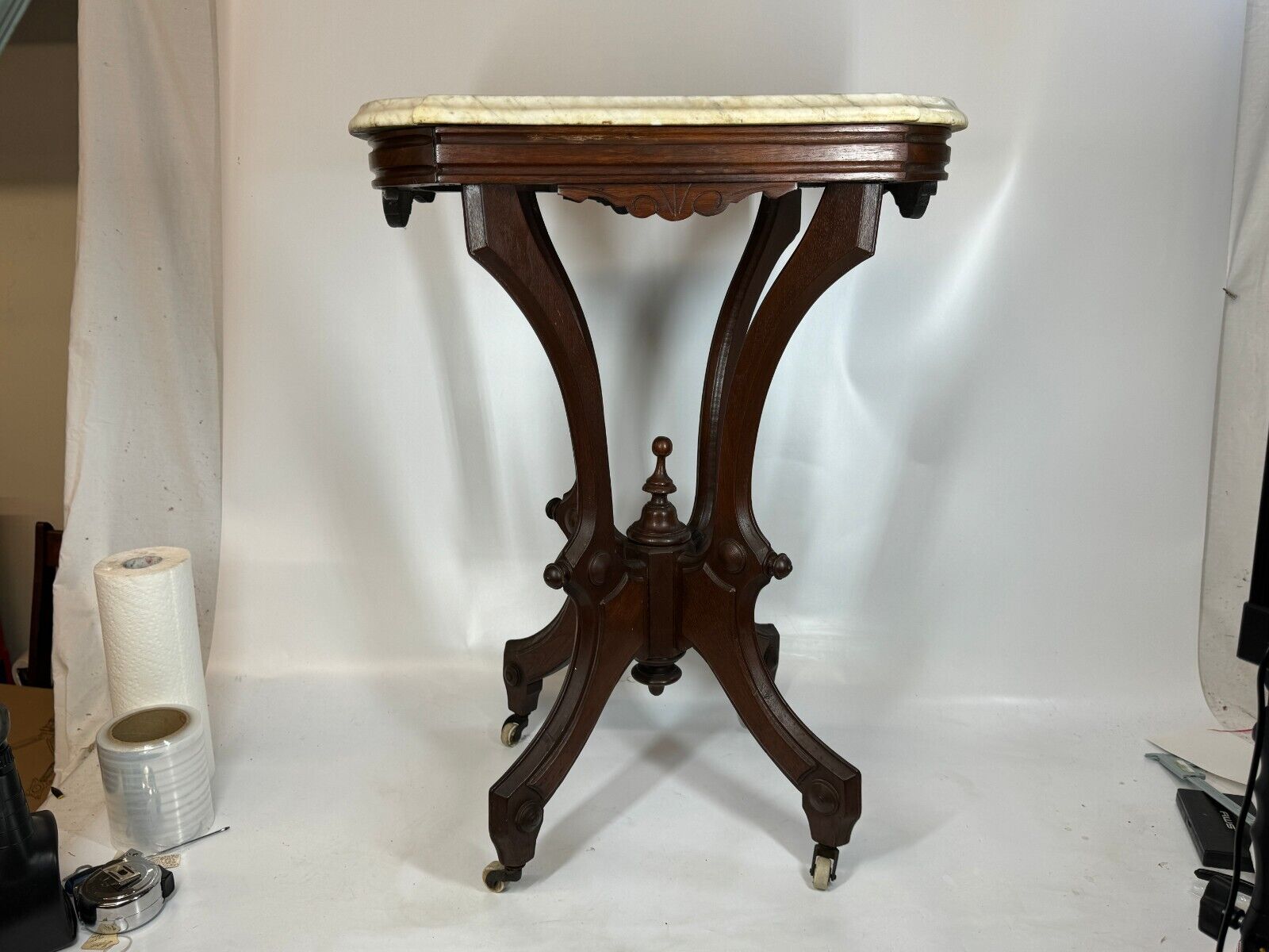 1835 Victorian Marble Top Carved Walnut Hall Table