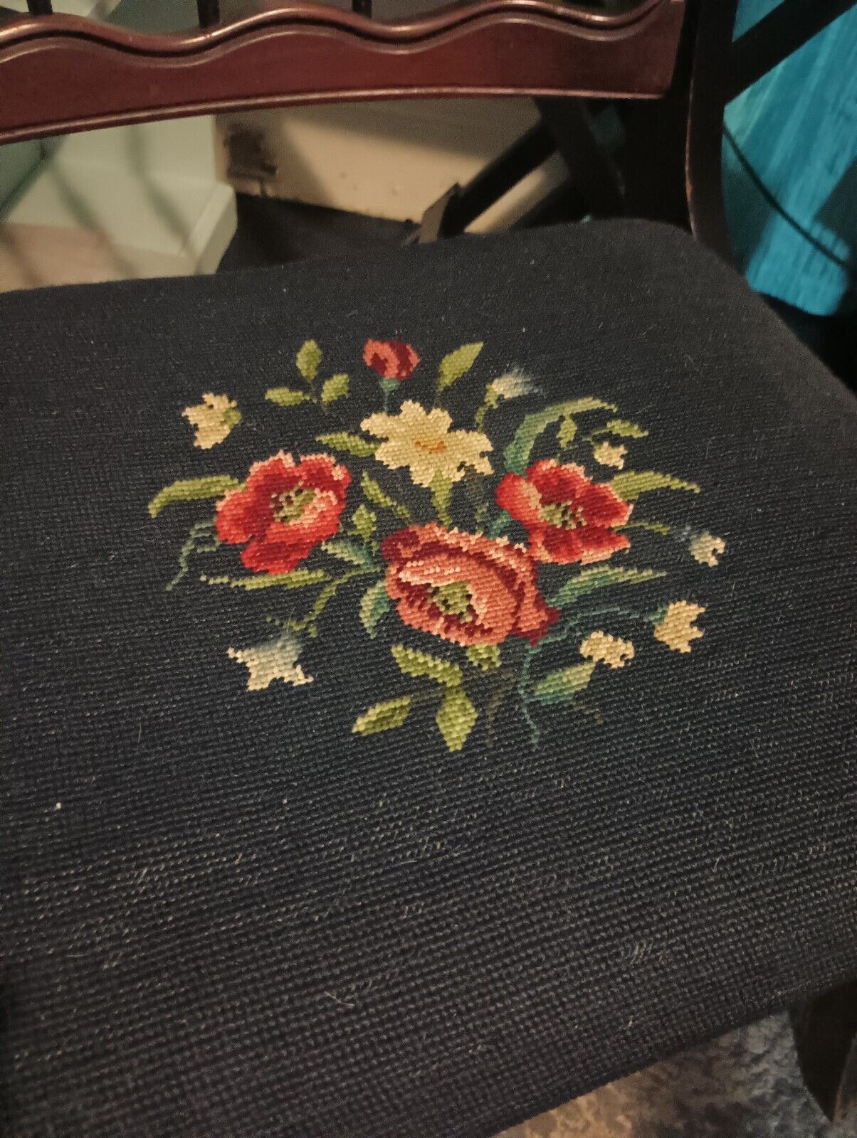 Antique Victorian Mahogany Dining Chair with Needlepoint Roseback