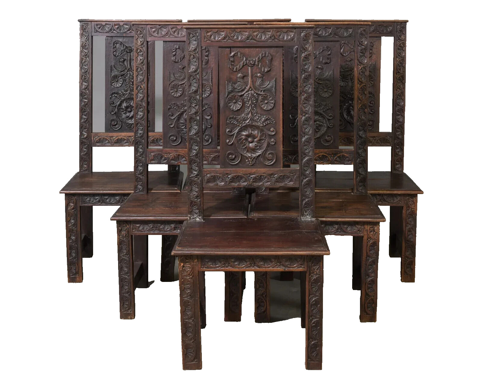 Set of 6 Finely Carved Oak Highback Chairs 1900s