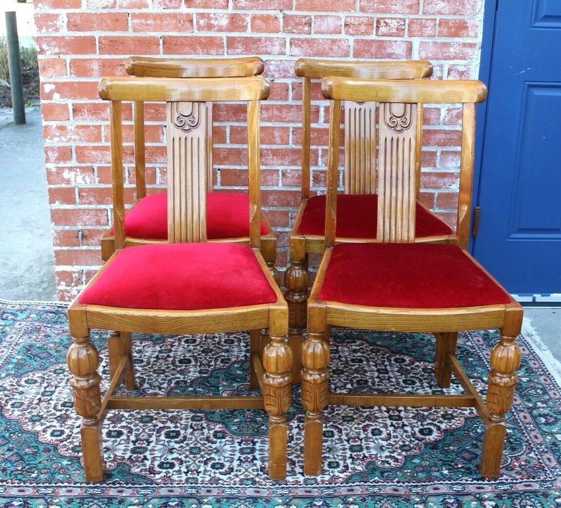 4 English Art Deco Oak Dining Chairs ~ Red