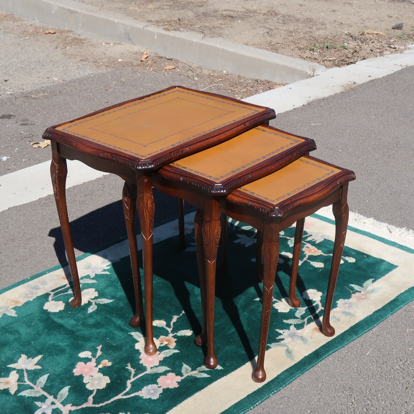 English Victorian Style Nesting Tables with Leather Top