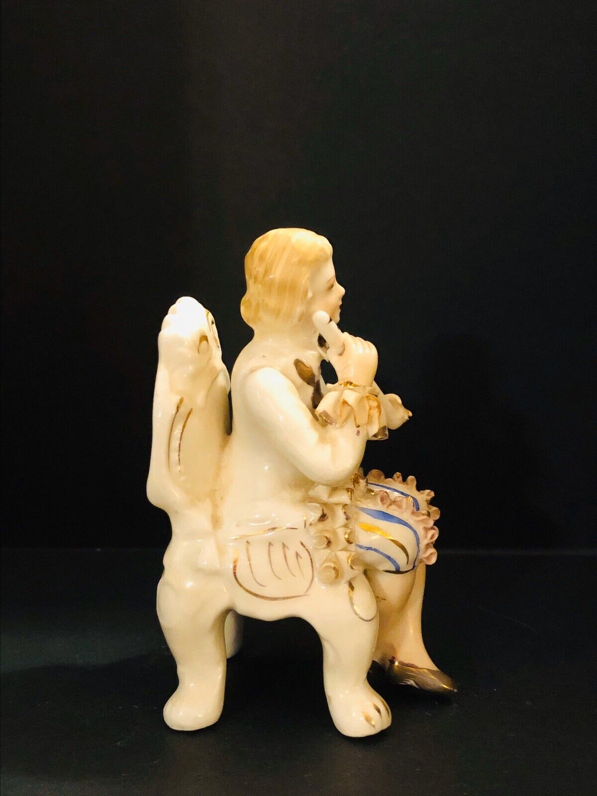 Gilded Ceramic 1700's Boy Playing Flute Figurine