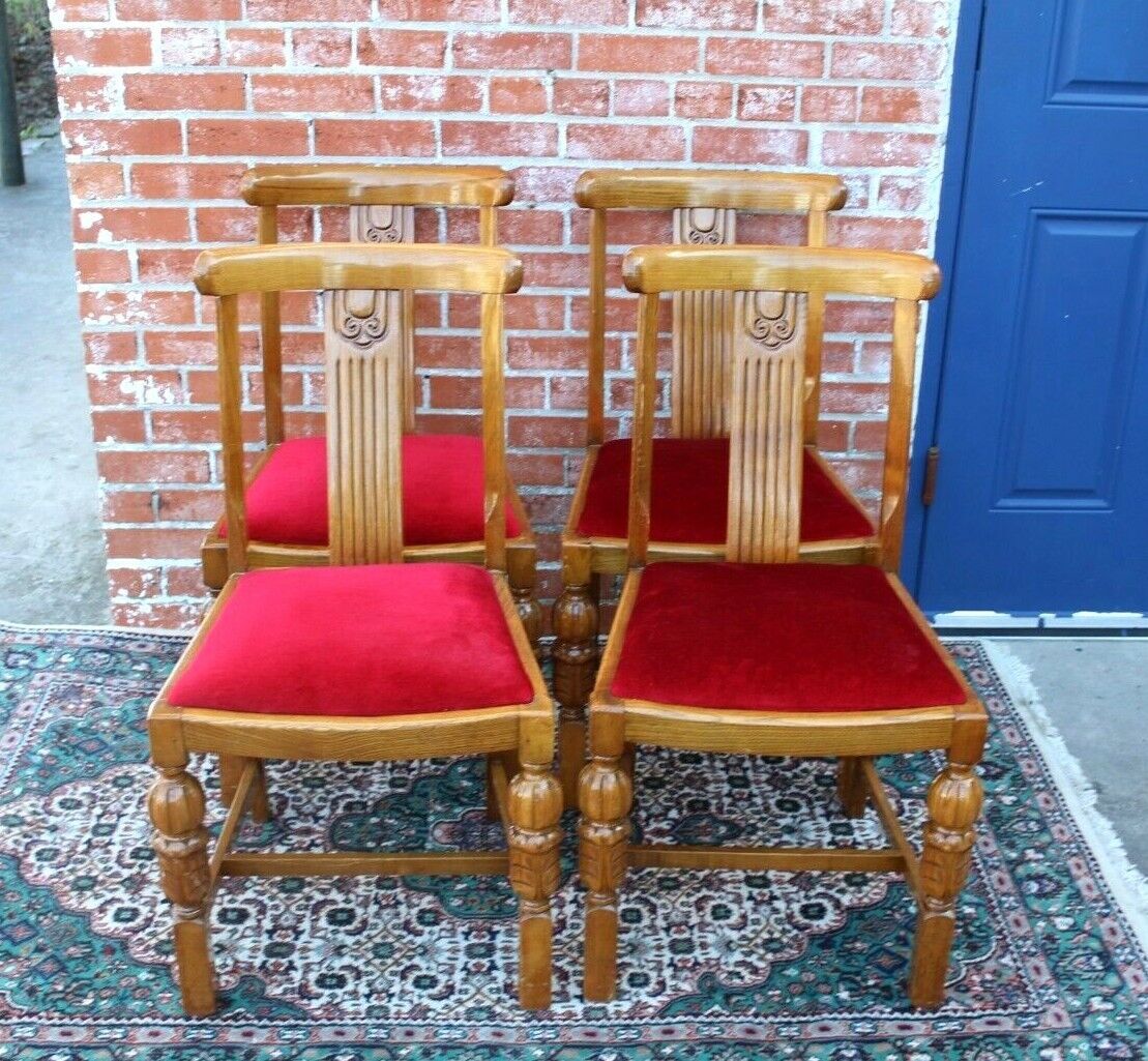 English Oak Art Deco Dining Chairs Set - Red