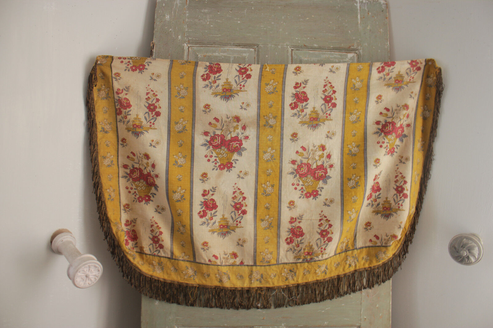 French floral linen basket with metallic fringe trim