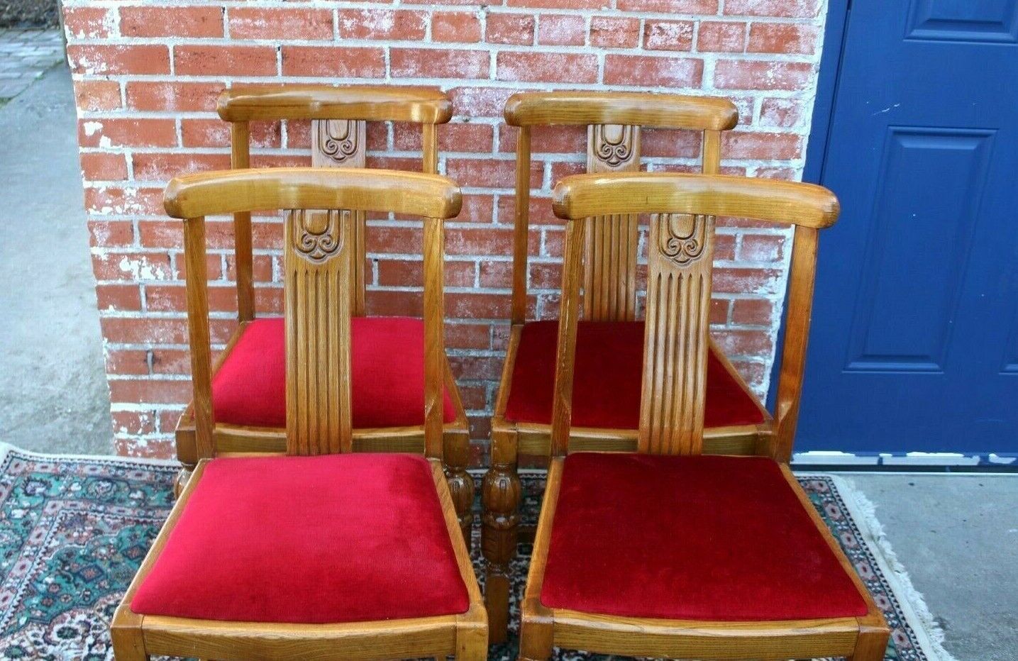 English Oak Art Deco Dining Chairs Set - Red