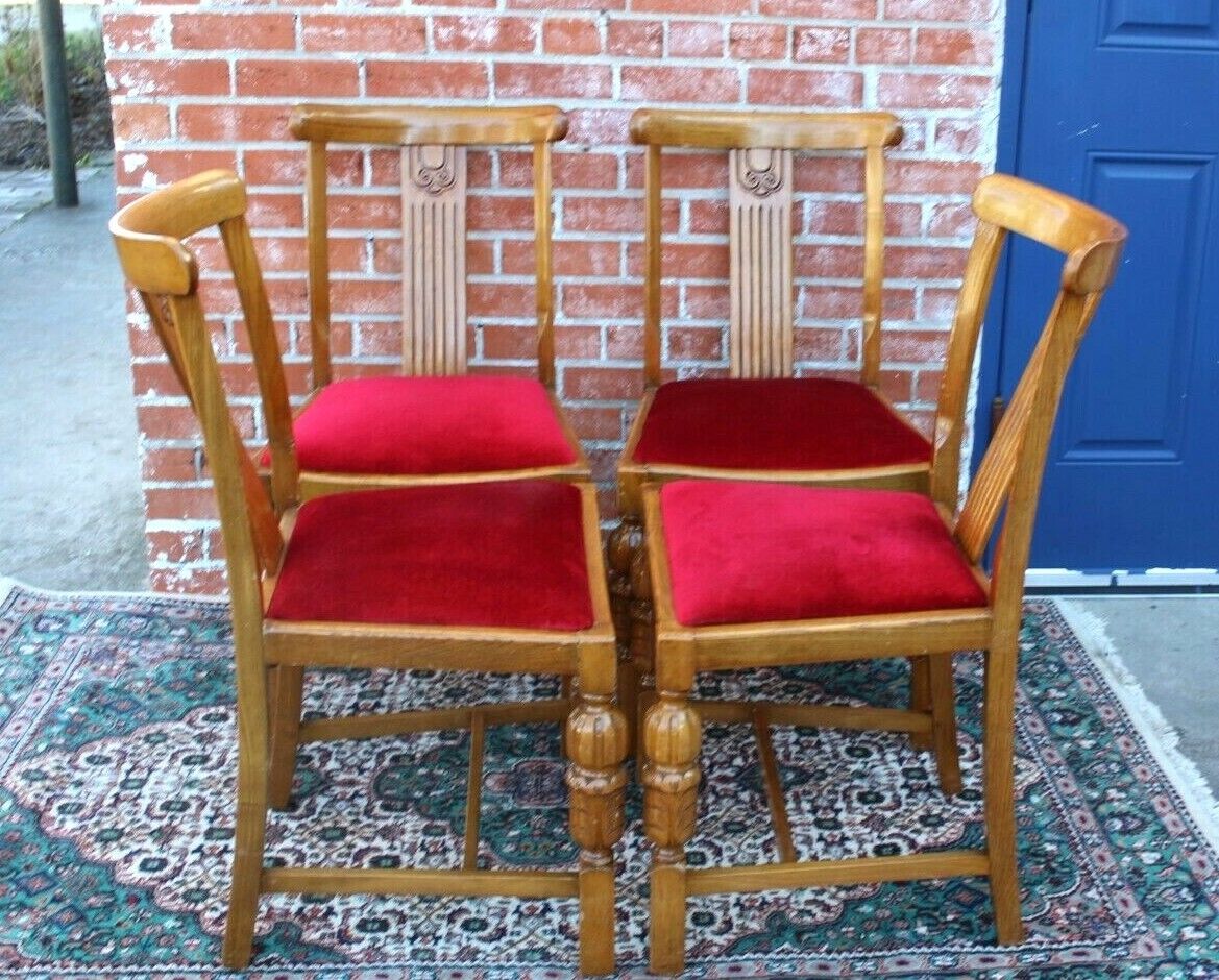 English Oak Art Deco Dining Chairs Set - Red