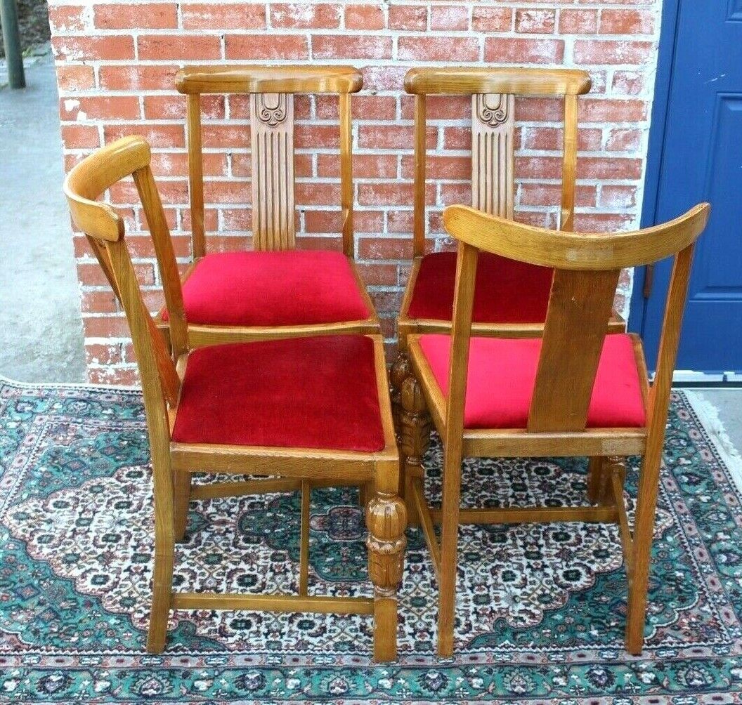 English Oak Art Deco Dining Chairs Set - Red
