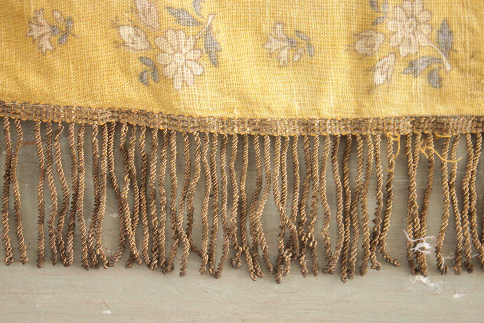 French floral linen basket with metallic fringe trim
