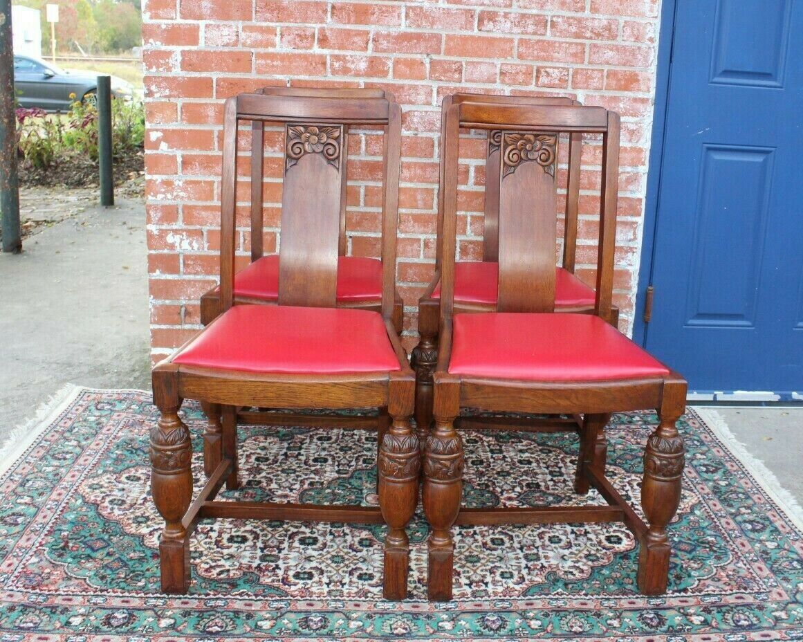 4 English Oak Art Deco Dining Room Chairs