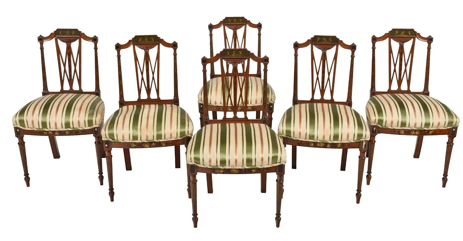 Edwardian Silk Decorated Chairs, Set of 6, Early 1900s