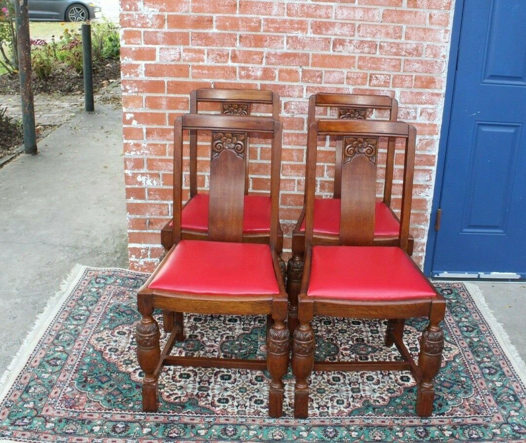 4 English Oak Art Deco Dining Room Chairs