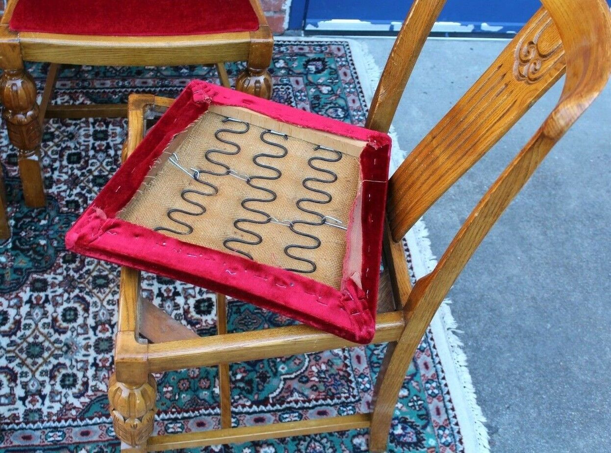 English Oak Art Deco Dining Chairs Set - Red