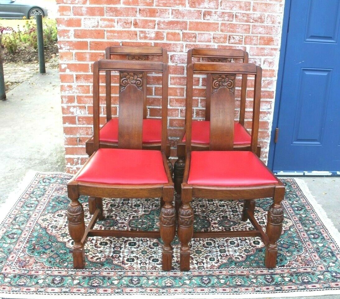 4 English Oak Art Deco Dining Room Chairs