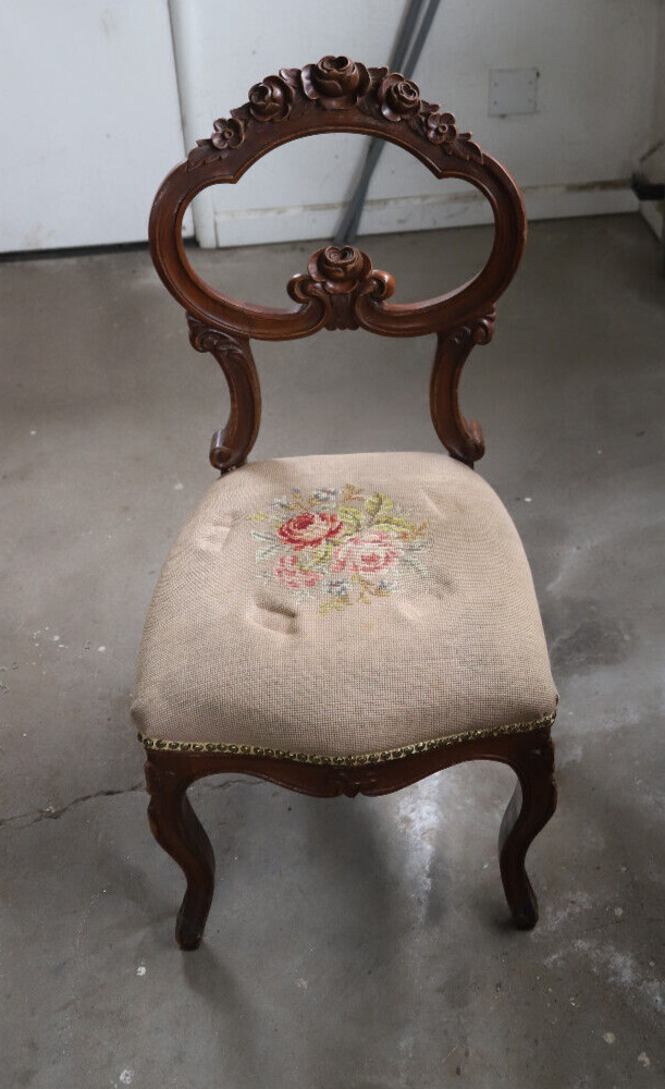 Antique Victorian Walnut Side Chair with Needlepoint Seat