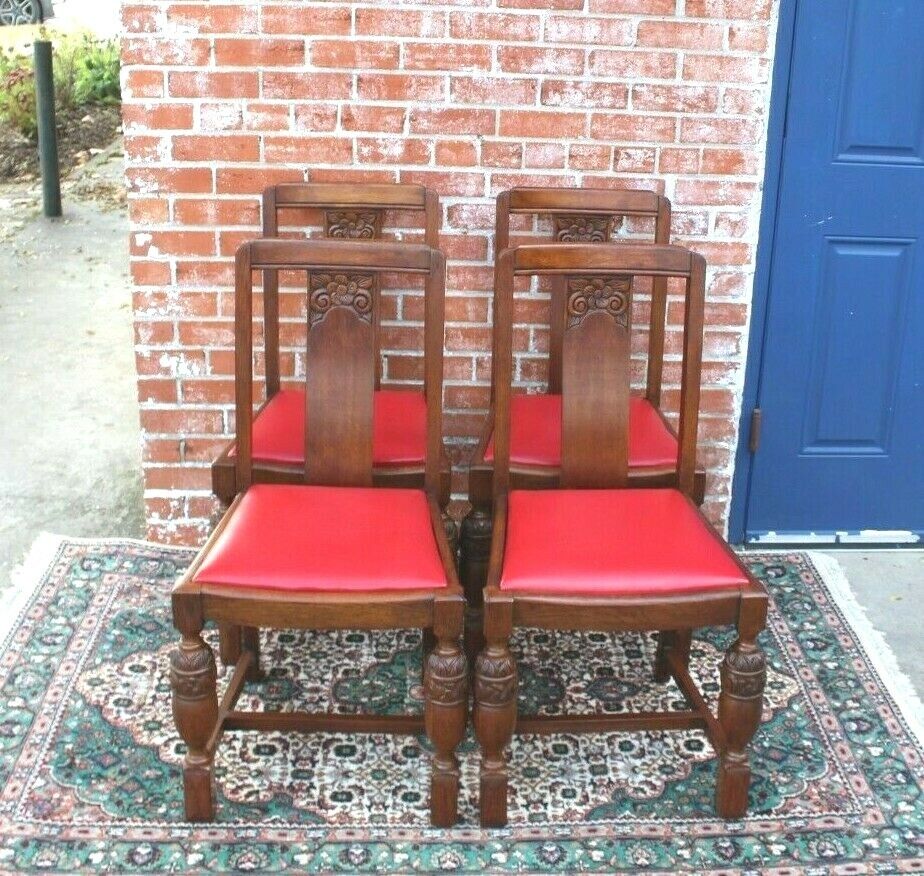 4 English Oak Art Deco Dining Room Chairs