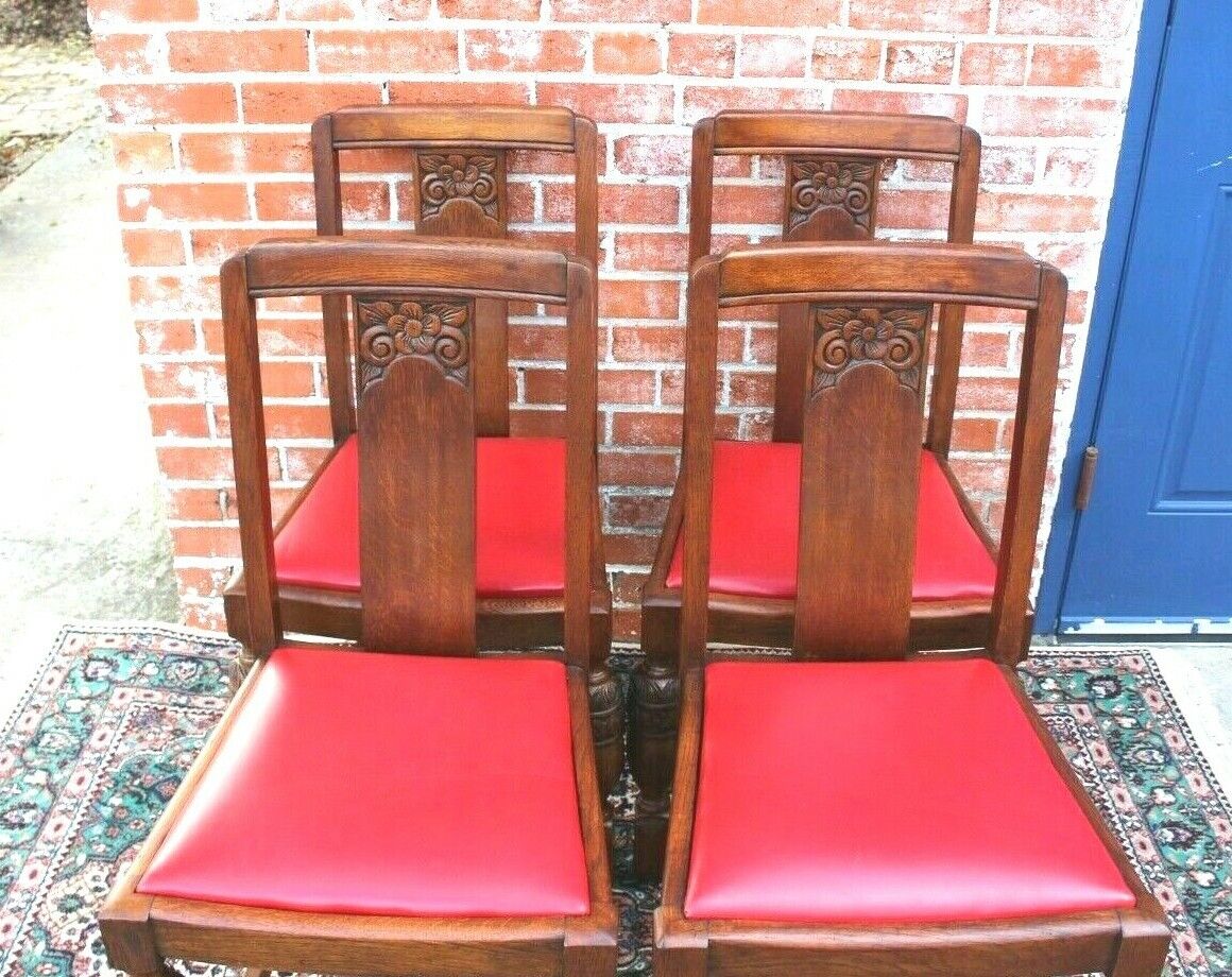 4 English Oak Art Deco Dining Room Chairs