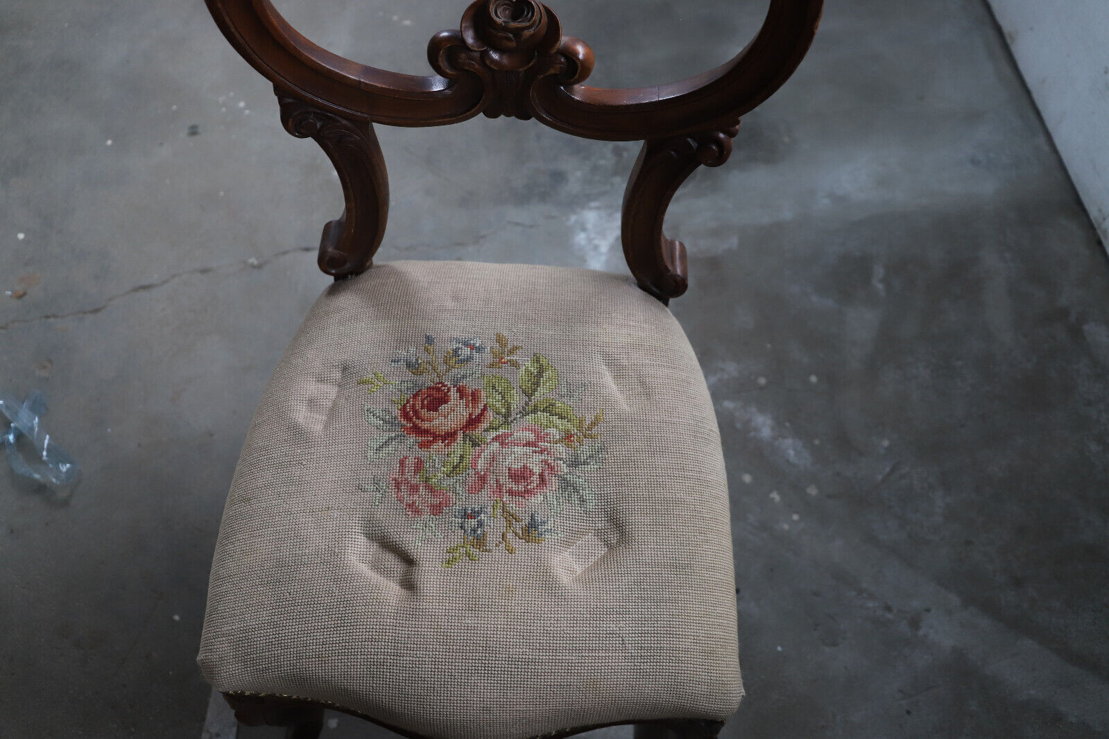Antique Victorian Walnut Side Chair with Needlepoint Seat