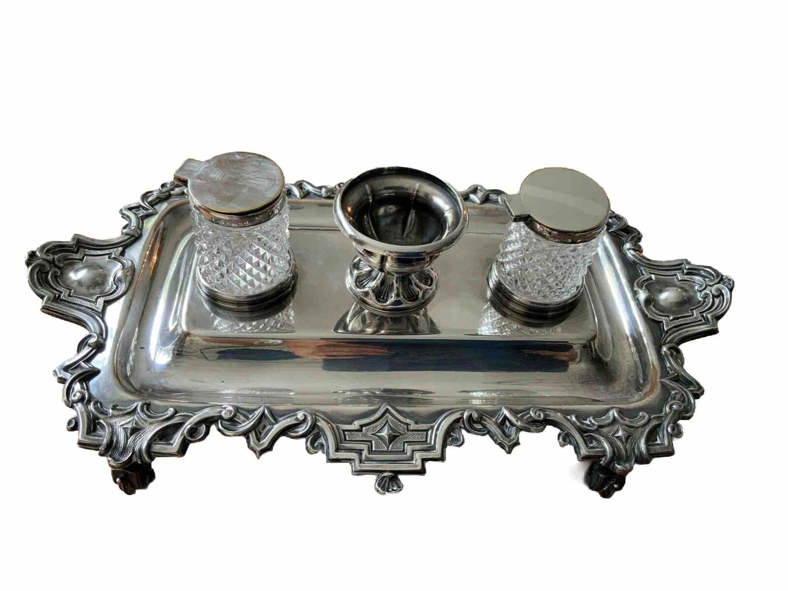 1800's Vintage Sheffield Silver Plated Scallop Standish